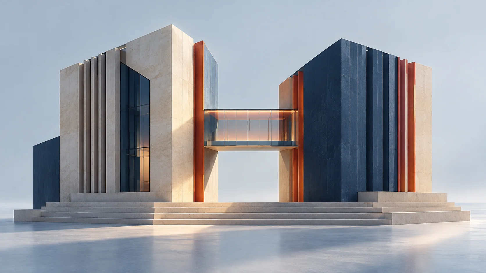 Two building volumes joined by a glass bridge