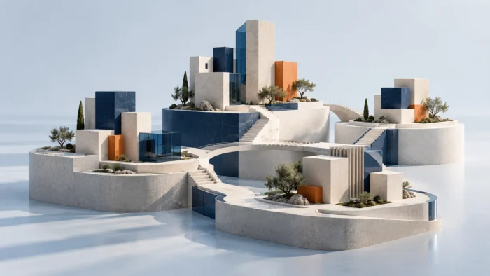 Baukörper auf terrassierten Plattformen mit Verbindungswegen