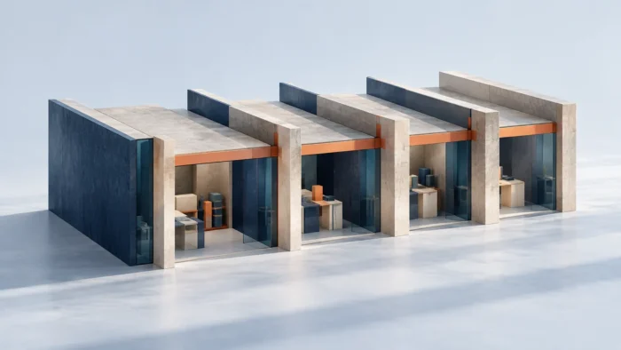 Modules de travail reliés par une poutre orange