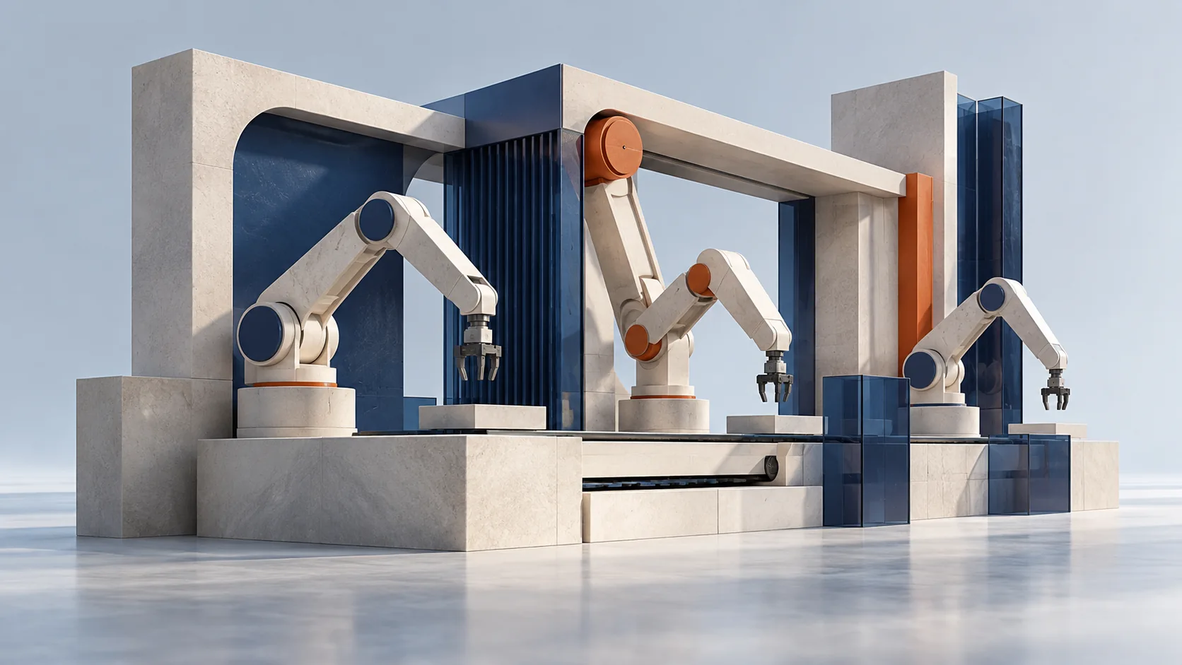 Trzy geometryczne ramiona robotów w hali produkcyjnej