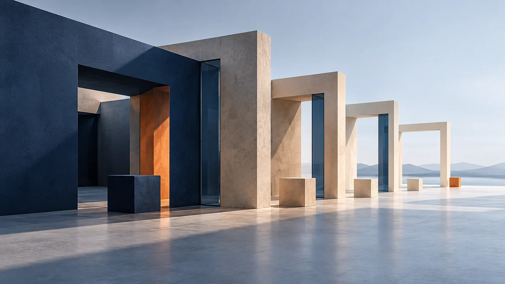 Puertas arquitectónicas sucesivas abiertas hacia el horizonte
