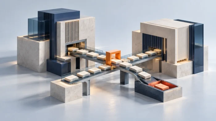 Bâtiments reliés par des canaux avec plaques claires et portail orange