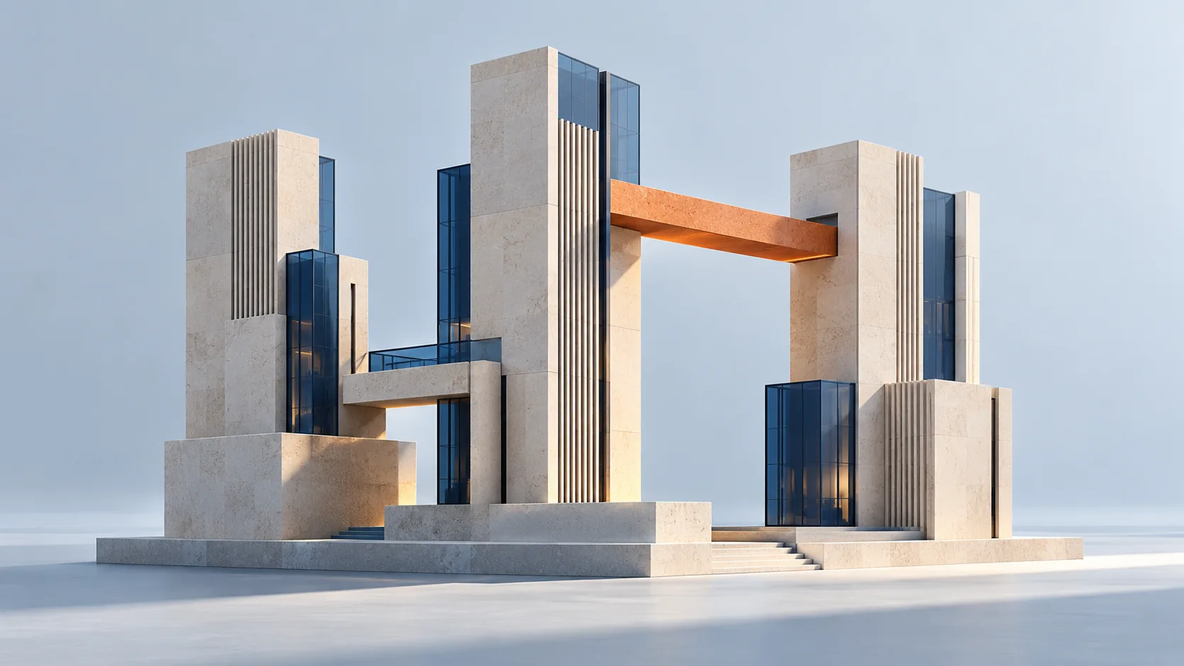 Office towers linked by bridges at different heights