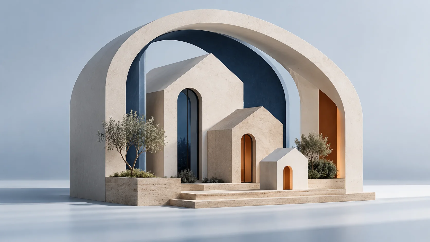 Arches imbriquées autour de bâtiments sur une base commune