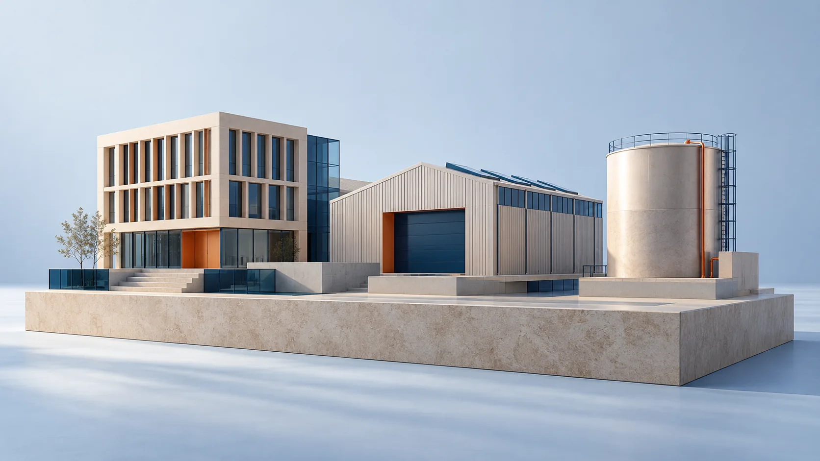 Separate office, industrial hall and tank volumes on a shared plinth